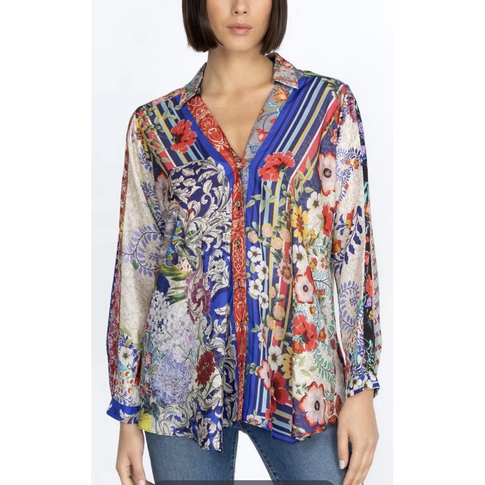 NEW Johnny Was Silk‎ Lillai Blouse L Boho Floral Patchwork Peasant Cottagecore